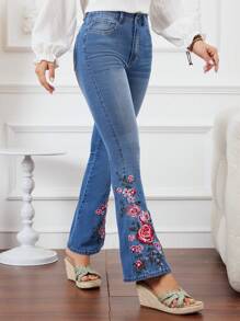 SHEIN LUNE Của phụ nữ Hợp thời Hoa In nhẹ nhàng Quần jean loe - Rửa nhẹ - Xem 4