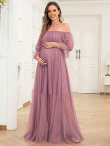 Maternity Off-Shoulder Solid Color Mesh Elegant Dress, For Party - Dusty Pink - View 4