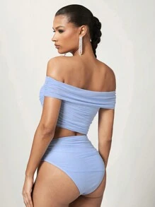 SHEIN BAE Women's Off-Shoulder Pleated Hollow Out Bodysuit - Baby Blue - View 4