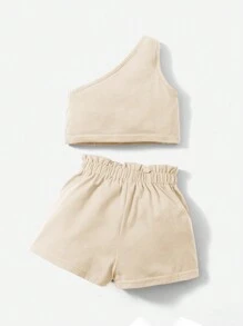 SHEIN Baby Girl Asymmetrical Shoulder Solid Color Sleeveless Top And Shorts Two Pieces Set