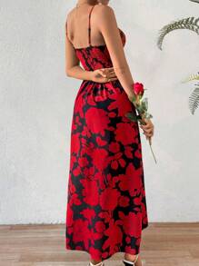 SHEIN Frenchy Women's Floral Print Split Hem Spaghetti Strap Dress - Red - View 2