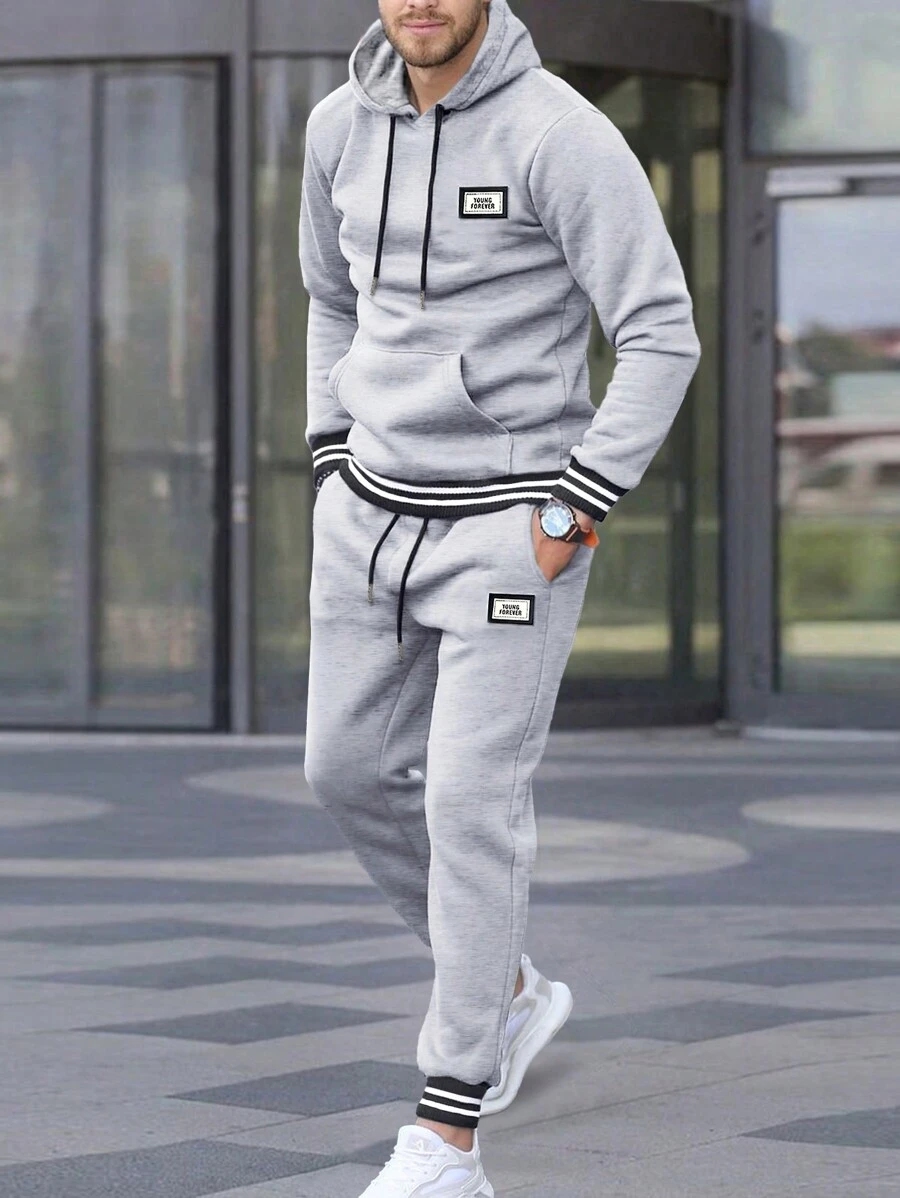Manfinity Homme Loose Men's Stripe Detail  Pocket Hooded Sweatshirt And Sweatpants Set - Light Grey - View 1