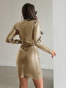 EURMUSE Solid Color Pleated Wrap Dress For Women - Camel - View 2