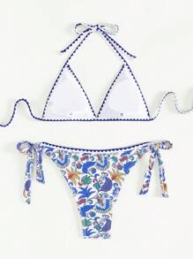 SHEIN Swim 女士植物印花吊带两件套比基尼套装夏季海滩 - 彩色 - 查看 4