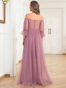 Maternity Off-Shoulder Solid Color Mesh Elegant Dress, For Party - Dusty Pink - View 3