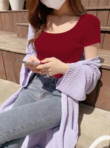 DAZY Áo thun nữ tay ngắn màu trơn mùa hè, áo crop top nữ - Đỏ - Xem 4