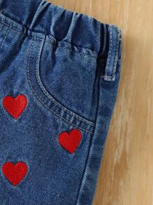 Baby Girl Summer New Heart Pattern Embroidered T-Shirt And Jeans Shorts Set - Multicolor - View 5