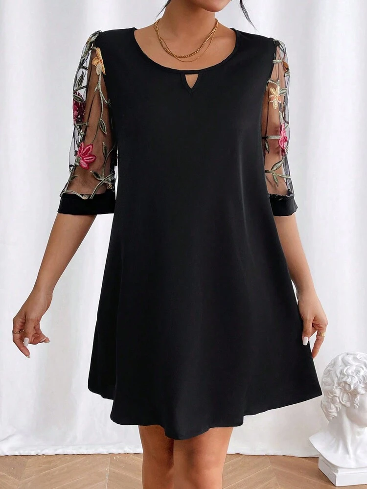 Women's Embroidered Sheer Mesh Short Sleeve Dress