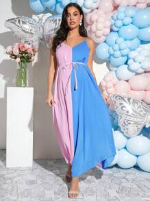 Loomaby Sukienka ujawniająca płeć Elegancka sukienka ciążowa bez rękawów w blokach kolorów na baby shower