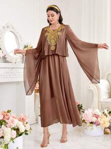 Al Najma Women'S Water-Soluble Lace Patchwork Flare Sleeve Dress Eid Dress