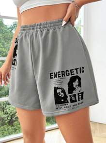 SHEIN EZwear Women's Plus Size Cartoon Slogan Print Shorts - Grey - View 4