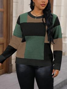 Calvaya 女士加大號彩色拼接圓領毛衣