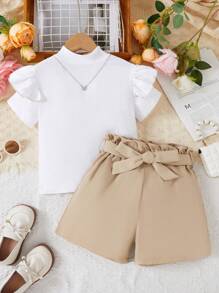 Tween Girl's Short Sleeve T-Shirt With Stand Collar, Ruffle Trim And Shorts Set - Multicolor - View 4