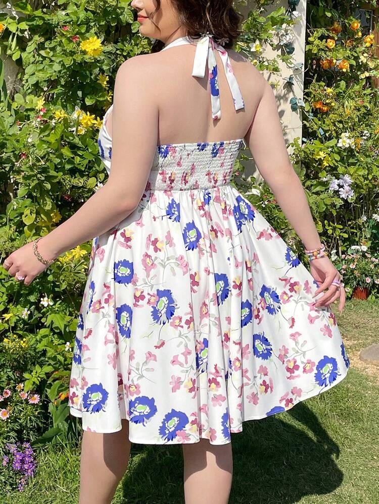 Plus Size Hollow Out Floral Print Halter Neck Dress
