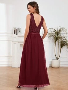 Round Neck Beaded Party  Dress Cocktail Dress - Burgundy - View 2