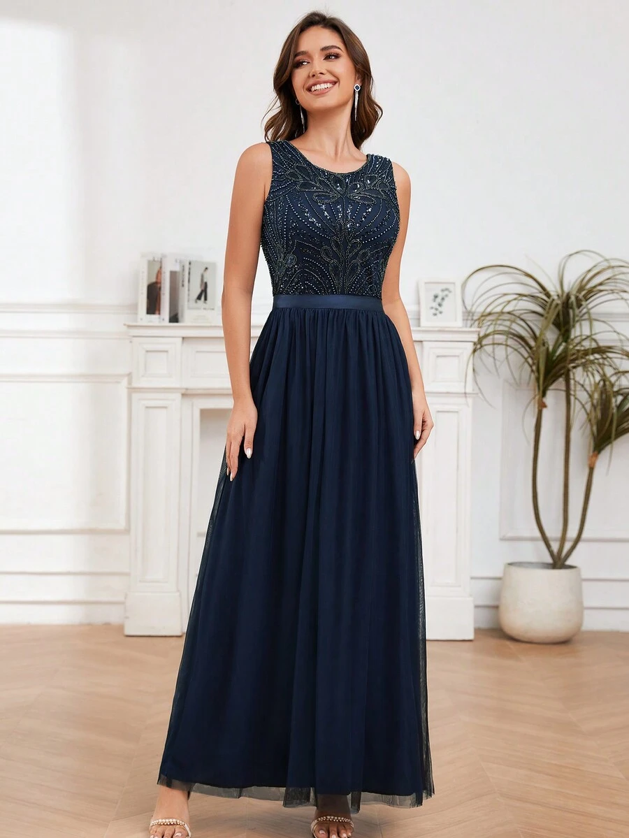 Round Neck Navy Beaded Party  Dress Cocktail Dress - Navy Blue - View 1