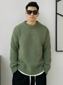 DAZY Men's Drop Shoulder Solid Color Sweater Fall,Winter - Olive Green - View 3