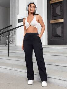 Y2K Multi Flap Pocket Straight Leg Elastic Waistband Cargo Jeans For Women - Black - View 5