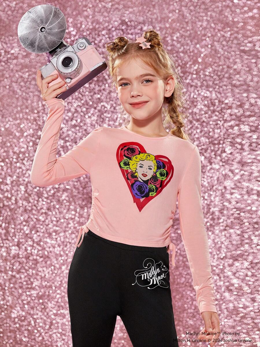 Marilyn Monroe X SHEIN 少女人像圖形束口側邊褶皺t恤 - 粉色 - 查看 1