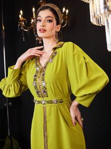 Al Najma Tay áo dài Đầm Với Pha lê Đồ trang trí Và Dệt Cắt tỉa Nổi bật - Màu vàng - Xem 5