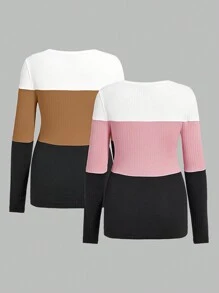 SHEIN Camiseta De Punto Acanalado Con Bloques De Color Para Maternidad - Multicolor - Ver 2