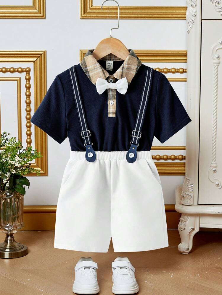 Young Boy's Elegant Colorblock Polo Shirt, Shorts, Bow Tie Gentleman Suit Set