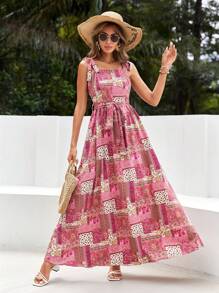 SHEIN VCAY Váy hè không tay in họa tiết ghép nối cho nữ có chi tiết thắt nút ở vai - Nhiều màu - Xem 5