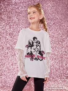 Marilyn Monroe X SHEIN Cô gái Tween Đồ họa Hình và Chữ Tay áo ren Tee 2 trong1 - trắng - Xem 3