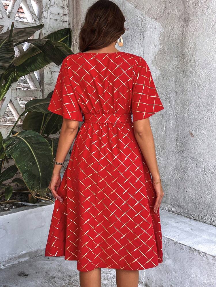 Women's Plaid Ruffle Short Sleeve Dress With Gold Foil Detailing