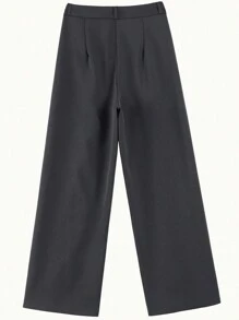 女士灰色高腰褶裥双扣阔腿裤，简约时尚百搭直筒裤，春秋季 - 灰色 - 查看 4