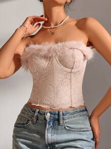 SHEIN 女用蕾絲和襯墊無肩帶胸罩 - 淺粉色 - 查看 3