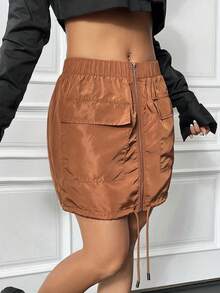 SHEIN Unity Solid Color Front Zipper Cargo Style Skirt - Khaki - View 6