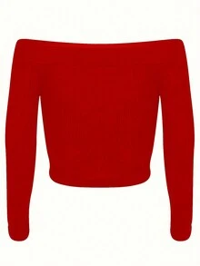 Blusa de manga larga ajustada con hombros descubiertos y acanalada, casual para primavera/verano estilo Y2K para mujer - Rojo - Ver 4