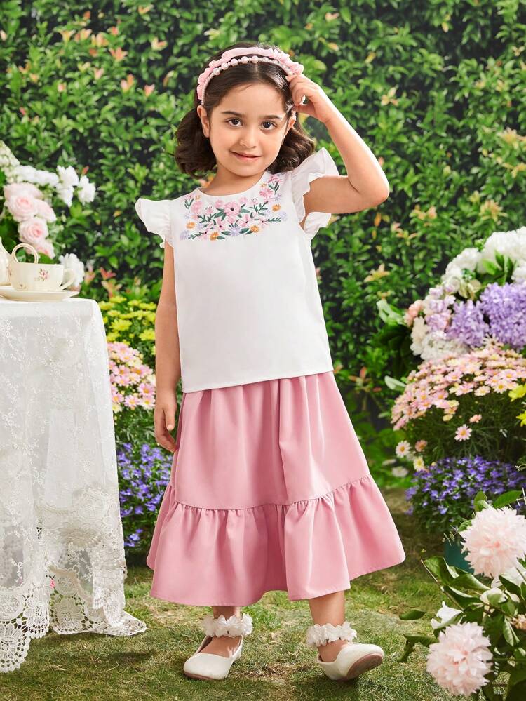 Young Girls' Round Neck Water Droplet Cap Sleeve Embroidered Shirt With Ruffle Hem Skirt Two-Piece Set