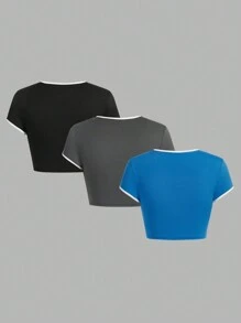 SHEIN EZwear 女款多色鑲邊與字母印花短版 T 卹套裝