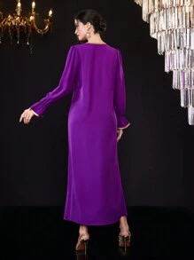 Al Najma Arabic Style Long Sleeve Dress With Rhinestone & Plant Pattern Patchwork Ribbon, Women - Purple - View 2