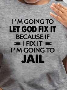 大码女式口号印花圆领短袖休闲 T 恤