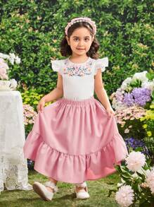 SHEIN Young Girls' Round Neck Water Droplet Cap Sleeve Embroidered Shirt With Ruffle Hem Skirt Two-Piece Set