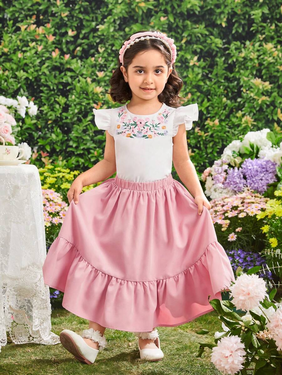 SHEIN Young Girls' Round Neck Water Droplet Cap Sleeve Embroidered Shirt With Ruffle Hem Skirt Two-Piece Set