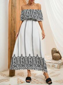 GENKIRA Printed Short Sleeve Off Shoulder Women's Dress - Multicolor - View 4