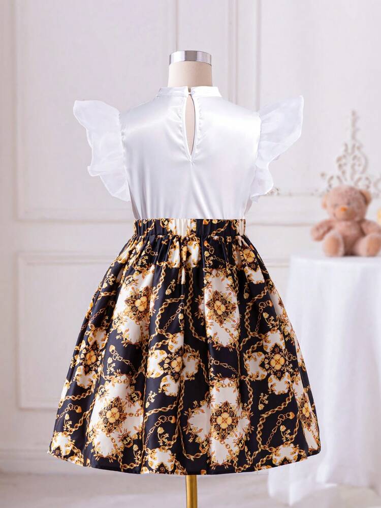 Tween Girls' Daily Casual Short Sleeve Top And Baroque & Chain Print Skirt Set