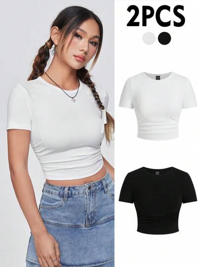 SHEIN Qutie 2 piezas Conjunto informal de camisetas ajustadas de manga corta y cuello redondo en negro y blanco para mujer, verano