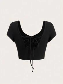 SHEIN Unity Camiseta Sin Mangas De Mujer Con Diseño De Corbata En La Parte Posterior Y Mangas Cortas - Negro - Ver 1