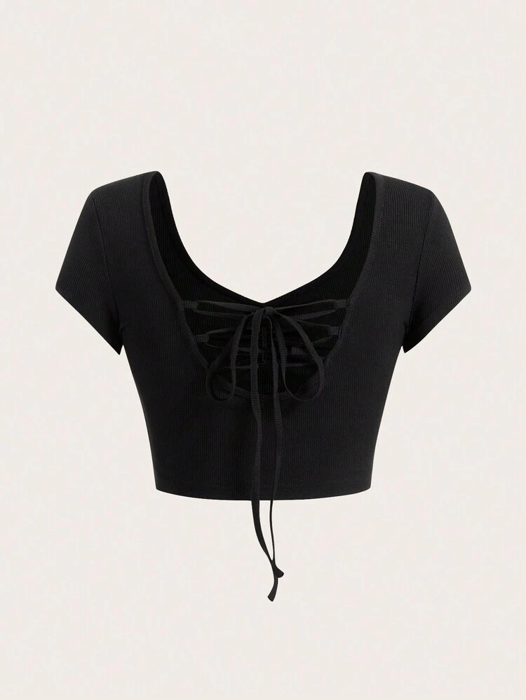 Women's Backless Short Sleeve T-Shirt With Tie Design