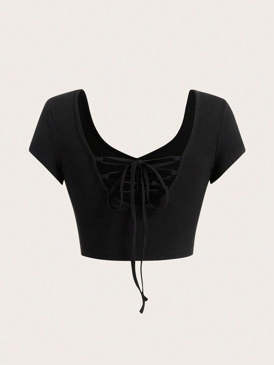 SHEIN Unity Camiseta Sin Mangas De Mujer Con Diseño De Corbata En La Parte Posterior Y Mangas Cortas - Negro - Ver 1