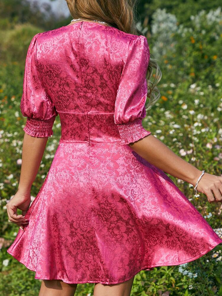 Ladies' Rose Jacquard Deep V-Neck Hollow Out Puff Sleeve Wrap Dress