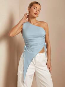 SHEIN BAE Women's Oblique Shoulder Asymmetrical Hem Side Draped Ruched Long Top - Blue - View 1