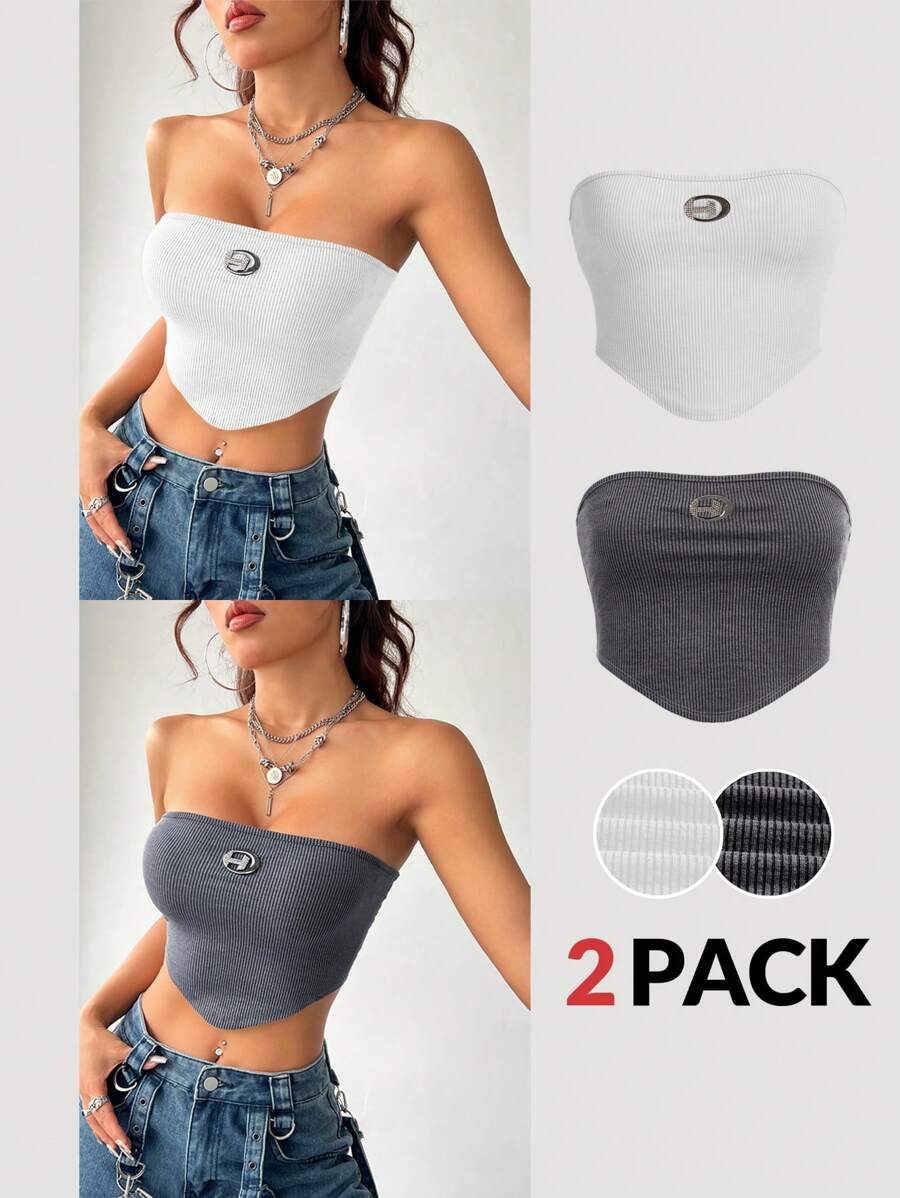 SHEIN EZwear Multicolor Multi-Piece Ribbed Texture Tube Top - Black - View 1