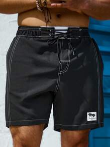 Zalmeno Men's Patch Detail Cross Tied Beach Shorts - Black - View 3