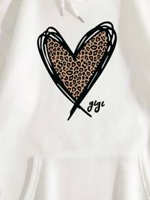SHEIN EZwear 女士豹紋和心形印花帽衫 - 白色 - 查看 5